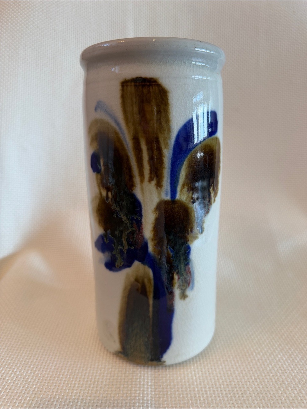 Vintage Art Pottery Hand Thrown Vase Earth Tones Grey Blue Brown Tones 8.5" EUC